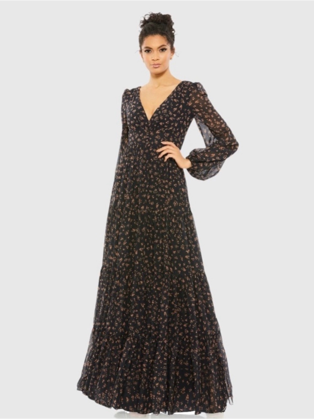 MAC DUGGAL Floral Tiered Long Sleeve Maxi Dress
